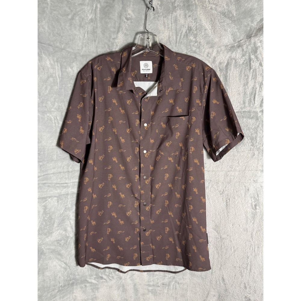 Flylow Mens Short Sleeve Snap Front Shirt Brown Camper Van Print Size Medium